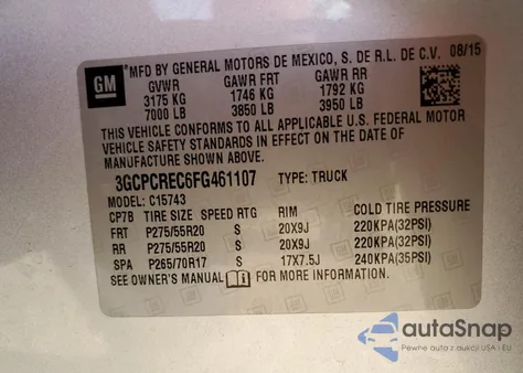 2015 Chevrolet Silverado C1500 Lt z USA, uszkodzony, nr VIN 3GCPCREC6FG461107